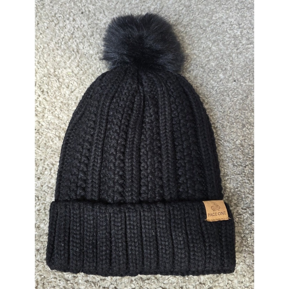 Page One Womens Black Cable Knit Beanie Faux Fur Pom Fleece Lined Winter Hat